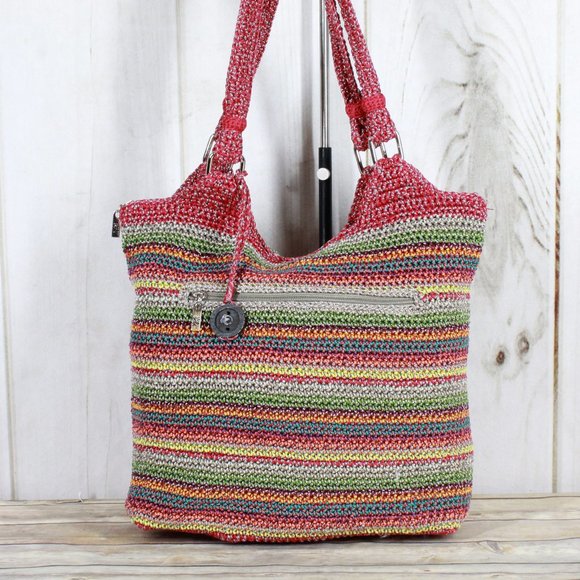 The Sak Multicolor Stripe Hand Crocheted Zippered Hobo Tote Shoulder Bag - Picture 4 of 9